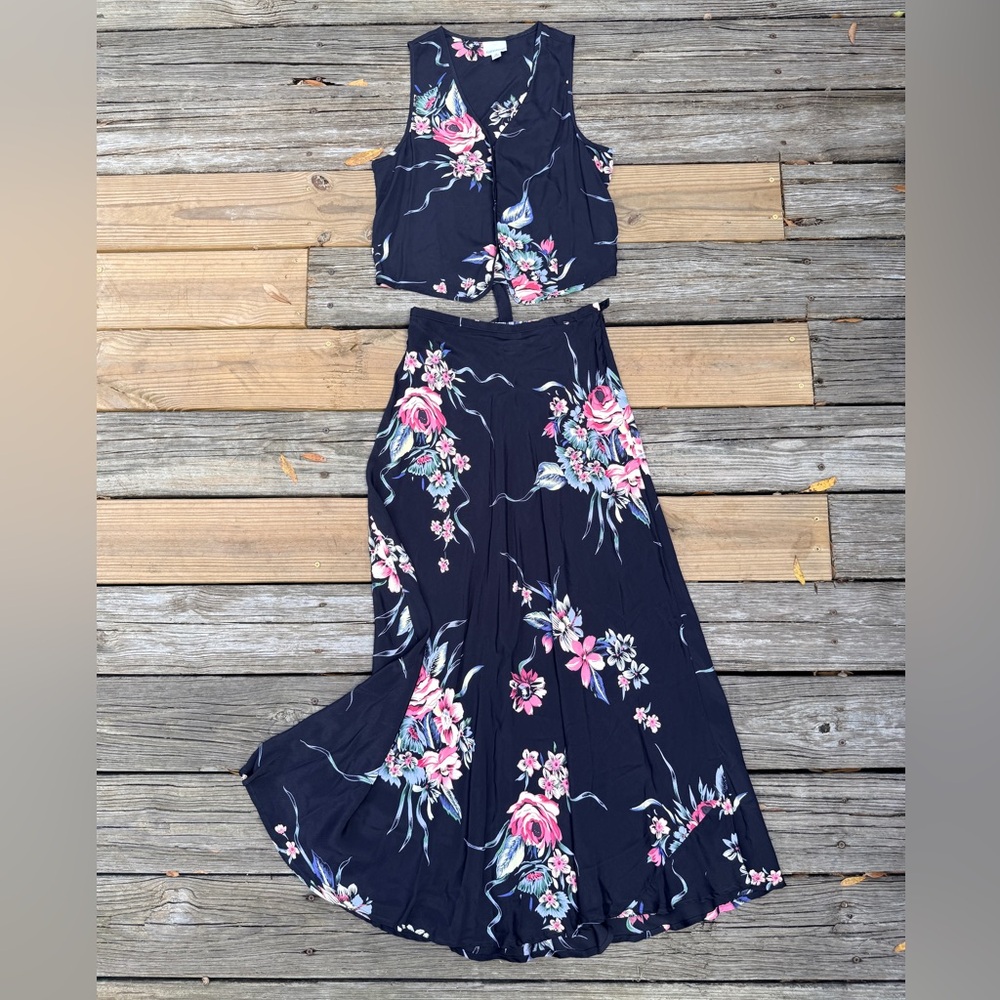 Vintage 90s Karen Kane Floral 2PC Skirt Vest Set